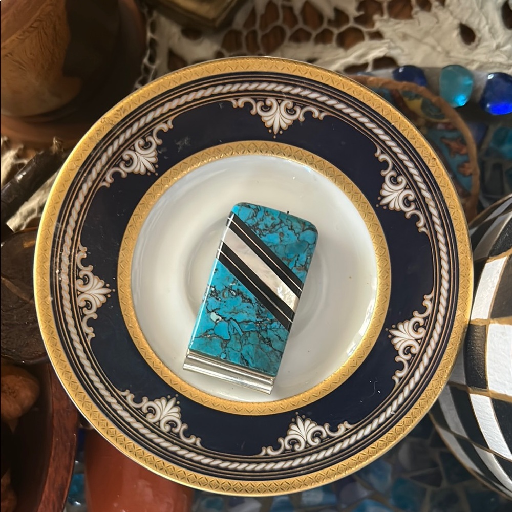 Vintage Turquoise Inlaid Black Onyx & MOP Money Clip